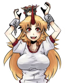 1girl bad_id bad_pixiv_id blonde_hair breasts cuffs female_focus furby horns hoshiguma_yuugi ibuki_suika long_hair ofuro_mantarou red_eyes single_horn solo touhou transparent_background