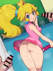Rule 34 | 1girl, 2boys, aqua eyes, ass, bar censor, blonde hair, censored, chiwino, commission, crown, dress, earrings, from behind, highres, jewelry, male masturbation, mario (series), masturbation, multiple boys, nintendo, no panties, parted lips, penis, pink dress, pixiv commission, ponytail, princess peach, racket, short dress, sphere earrings, tennis racket