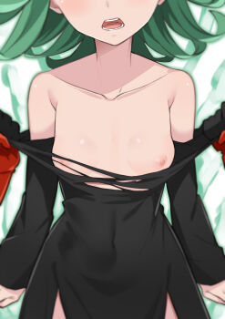 1boy 1girl assisted_exposure breasts eyes_out_of_frame fantasy gloves glowing green_hair head_out_of_frame highres magic morisobo nipples no_bra one-punch_man open_mouth psychic pulling_another&#039;s_clothes short_hair simple_background small_breasts tatsumaki torn_clothes undressing_another white_background