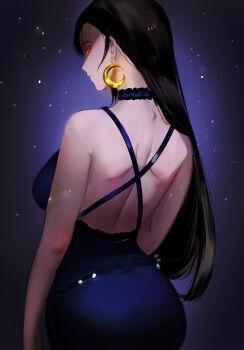 1girl absurdres arialla_draws ass back backless_dress backless_outfit bare_arms bare_shoulders black_hair blue_choker blue_dress breasts choker commentary cowboy_shot crescent crescent_earrings crescent_moon dress earrings english_commentary final_fantasy final_fantasy_vii final_fantasy_vii_remake from_behind gold_earrings gradient_hair highres jewelry large_breasts long_hair looking_at_viewer looking_back moon multicolored_hair official_alternate_costume parted_lips red_eyes ribbon_choker solo tifa_lockhart tifa_lockhart_(refined_dress)