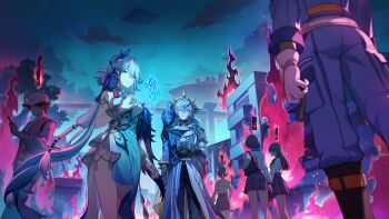 Rule 34 | 1other, 2boys, 4girls, absurdres, animal, animal on shoulder, apartment, arm belt, bad link, bag, bare shoulders, baseball cap, bird, black boots, black gloves, black pants, black socks, blue dress, blue eyes, blue hair, blue pants, blue shirt, book, boots, bracelet, breasts, brown hair, burning, chinese clothes, cloud, cloudy sky, crow, dress, earrings, fire, game cg, gloves, gradient hair, grey hair, grey pants, hair between eyes, hair intakes, hair ornament, halo, hat, highres, holding, holding book, honkai: star rail, honkai (series), jacket, jewelry, large breasts, long hair, looking at another, multicolored hair, multiple boys, multiple girls, night, official art, outdoors, pants, parted lips, peacock feathers, peacock feathers hair ornament, pink vest, plaid clothes, plaid skirt, pleated skirt, police, purple fire, ring, school bag, school uniform, shirt, short hair, shoulder bag, single earring, skirt, sky, sleeveless, sleeveless dress, socks, spiked halo, sunday (honkai: star rail), two-tone dress, two-tone hair, very long hair, vest, white dress, white gloves, white hair, white hat, white jacket, white shirt, yao guang (honkai: star rail), yellow eyes, yellow halo, yellow shirt