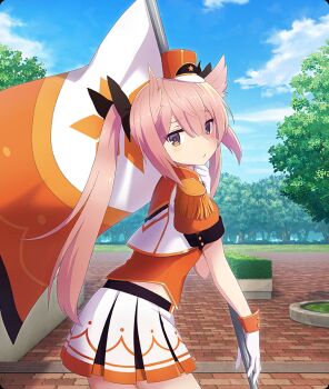 1girl black_bow blue_sky bow brick_road brown_eyes cloud cowboy_shot day epaulettes flag from_side game_cg gloves hair_bow hair_horns hat hedge holding holding_flag leaning_forward long_hair looking_at_viewer looking_to_the_side marching_band mashiko_kaoru mini_hat official_art orange_hat orange_shirt outdoors pink_hair raised_eyebrow shako_cap shirt short_sleeves skirt sky solo star_(symbol) third-party_source toji_no_miko toji_no_miko:_kizamishi_issen_no_tomoshibi tree twintails white_gloves white_skirt