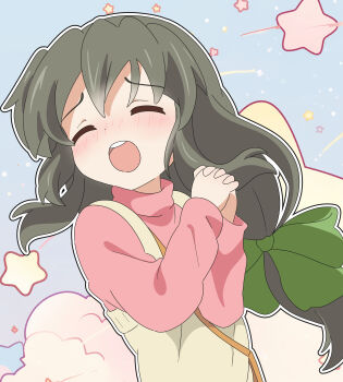 Rule 34 | 1girl, absurdres, blush, bow, clannad, closed eyes, commentary, green bow, hair bow, highres, ibuki fuuko, interlocked fingers, leims (urje8584), long sleeves, low ponytail, open mouth, own hands together, ponytail, round teeth, solo, teeth, upper teeth only