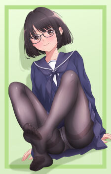 Rule 34 | 1girl, akippoi 0919, barefoot, black hair, black pantyhose, blush, commentary request, glasses, highres, original, panties, pantyhose, school uniform, serafuku, soles, thighband pantyhose, underwear