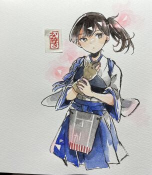 Rule 34 | 1girl, archery shooting glove, artist name, blue skirt, bright pupils, brown eyes, brown gloves, brown hair, commentary request, cropped legs, flight deck, gloves, hakama, hakama skirt, hand on own wrist, hand up, highres, japanese clothes, kaga (kancolle), kaga kai ni (kancolle), kantai collection, kimono, medium hair, muneate, nanananatsu, partially fingerless gloves, side ponytail, single glove, skirt, solo, tasuki, traditional media, upper body, white background, white kimono, white pupils, wide sleeves