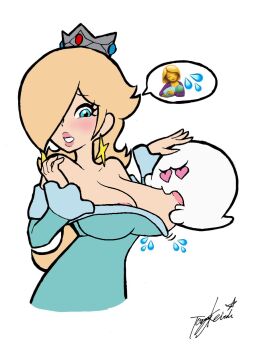 1girl aqua_dress aqua_eyes blonde_hair blue_dress boo_(mario) breast_sucking breastfeeding breasts brooch cleavage crown dress earrings ghost hair_over_one_eye highres jewelry large_breasts long_hair long_sleeves mario_(series) molestation nintendo nipple_stimulation off-shoulder_dress off_shoulder one_breast_out one_eye_covered purple_nails rosalina solo star_(symbol) star_brooch star_earrings super_mario_galaxy third-party_edit toggy_keiichi tongue tongue_out