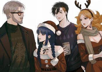 Rule 34 | 2boys, 2girls, beard, black hair, black jacket, black sweater, blonde hair, blue eyes, blue hair, boruto: two blue vortex, braid, breasts, brown hairband, christmas sweater, cleavage, cup, delta (boruto), detached collar, detached sleeves, disposable coffee cup, disposable cup, dress, earrings, eyebrow piercing, face piercing, facial hair, facial tattoo, fake antlers, frown, grey hair, grey scarf, hairband, hat, holding, holding cup, ifevilwhyuhot, jacket, jewelry, kakei sumire, kawaki (boruto), large breasts, low twin braids, multicolored hair, multiple boys, multiple girls, naruto (series), off-shoulder dress, off shoulder, orange-tinted eyewear, piercing, red dress, santa costume, santa dress, santa hat, sanzu amado, scarf, small breasts, smile, stud earrings, sunglasses, sweater, tattoo, tinted eyewear, triangle earrings, twin braids, two-tone hair, undercut