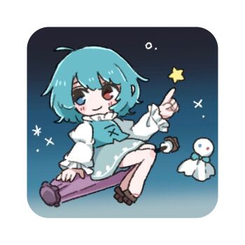 Rule 34 | 1girl, blue eyes, blue hair, blue vest, blush, brown shoes, chibi, closed mouth, commentary request, full body, geta, gradient sky, heterochromia, highres, juliet sleeves, long sleeves, looking to the side, night, puffy sleeves, purple umbrella, red eyes, salt (saltty), shirt, shoes, short hair, sitting, sky, smile, solo, star (sky), star (symbol), tatara kogasa, touhou, umbrella, vest, white shirt