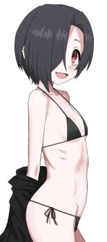 1girl alternate_hair_color bare_shoulders bikini black_bikini black_hair black_jacket breasts clothes_down cowboy_shot earclip fangs from_side hair_over_one_eye halulu highres idolmaster idolmaster_cinderella_girls jacket loli looking_to_the_side one_eye_covered open_mouth red_eyes ribs shirasaka_koume short_hair side-tie_bikini_bottom simple_background small_breasts smile solo swimsuit tareme variant_set white_background