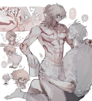 2boys abs antenna_hair blonde_hair blue_eyes braid chibi commentary cup gradient_hair highres holding holding_cup honkai:_star_rail honkai_(series) male_focus medium_hair multicolored_hair multiple_boys mydei_(honkai:_star_rail) neck_tattoo pants parted_bangs phainon_(honkai:_star_rail) ponytail red_hair shirt short_hair side_braid sun_symbol sun_tattoo sunset_1830 sweatpants tan tattoo toned toned_male topless_male undressing_another white_hair white_shirt yaoi yellow_eyes