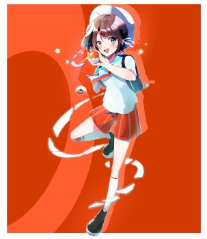 1girl :d absurdres artist_name backpack bag bag_charm black_bag black_shoes blue_eyes blush bob_cut braid breast_pocket breasts brown_hair character_charm charm_(object) collared_shirt emutakanoe full_body glint hair_ribbon hat highres holding holding_poke_ball hololive kneehighs leg_up looking_ahead medium_breasts naranja_academy_school_uniform necktie oozora_subaru open_mouth pocket poke_ball pokemon pokemon_sv quaxly red_background red_necktie red_shorts ribbon school_uniform shirt shoes short_hair short_sleeves shorts side_braid signature smile socks solo standing standing_on_one_leg star_(symbol) swept_bangs virtual_youtuber white_hat white_ribbon white_shirt