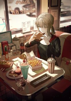 1girl :t artoria_pendragon_(fate) black_jacket black_shirt booth_seating brown_eyes burger diner drink eating food french_fries hair_between_eyes highres holding holding_burger holding_food hood hood_down hooded_jacket indoors jacket light_brown_hair long_hair low_ponytail open_clothes open_jacket original ponytail saber_alter saber_alter_(ver._shinjuku_1999) saber_alter_(ver._shinjuku_1999)_(fate) shirt sidelocks sitting solo table tamitami window window_blinds