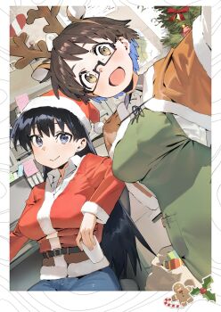 2girls :d animal_ears apron arato_nagi belt black-framed_eyewear black_hair blue_eyes blue_hair blue_pants border box breasts brown_capelet brown_hair candy candy_cane capelet christmas commentary cup denim ear_piercing fake_animal_ears fake_antlers food fur-trimmed_headwear fur-trimmed_shirt fur_trim gift gift_box gingerbread_man green_apron hat holding holding_cup imari_youko jeans large_breasts long_hair looking_at_viewer mi8pq mistletoe multicolored_hair multiple_girls office open_mouth pants piercing red_hat red_shirt ruri_no_houseki selfie semi-rimless_eyewear shirt short_hair sitting smile standing straight_hair symbol-only_commentary two-tone_hair under-rim_eyewear white_shirt yellow_eyes