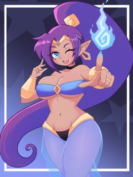 Rule 34 | 1girl, absurdres, alternate color, arabian clothes, bandeau, black choker, blue background, blue bandeau, blue eyes, blue fire, blue pants, border, breasts, choker, cleavage, commentary, dark-skinned female, dark skin, earrings, english commentary, fire, gem, gradient background, hand up, harem pants, highres, hoop earrings, jewelry, kaleislazy, large breasts, long hair, looking at viewer, navel, o-ring, o-ring top, one eye closed, open mouth, pants, pointing, pointing at viewer, pointy ears, ponytail, purple hair, ring, see-through clothes, see-through pants, shantae, shantae (series), shantae and the pirate's curse, skindentation, smile, solo, star (symbol), strapless, teeth, underboob, upper teeth only, very long hair, white border