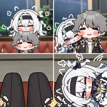 1boy 1girl :3 black_hairband black_pants black_ribbon blue_pupils blush blush_stickers caelus_(honkai:_star_rail) closed_eyes commentary_request firefly_(honkai:_star_rail) grey_hair hair_between_eyes hair_intakes hair_ornament hair_tubes hairband highres honkai:_star_rail honkai_(series) ldd.ek long_hair multicolored_eyes on_lap one_eye_closed pants ribbon short_hair trailblazer_(honkai:_star_rail)