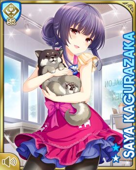 1girl apron blue_hair brown_eyes card_(medium) character_name day dog frilled_skirt frills girlfriend_(kari) indoors kagurazaka_saya long_hair official_art open_mouth pink_apron purple_skirt qp:flapper shirt skirt smile standing store tagme yellow_shirt