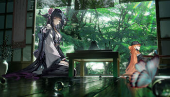 Rule 34 | 1girl, 1other, 2girls, absurdres, animal, animal ears, animal on shoulder, arknights, baseball cap, bird, bird on shoulder, black hair, black hat, black sash, blue eyes, blunt bangs, blurry, blurry background, bug, butterfly, chabudai, character request, chest sarashi, closed mouth, doctor (arknights), flower, hair flower, hair ornament, hair stick, hair wings, hand on own knee, hat, highres, insect, long hair, long sleeves, madao, marble (toy), mio (arknights), multiple girls, obi, orange hair, sarashi, sash, seiza, sitting, socks, table, tree, two-tone kimono, very long hair, white socks, wide sleeves