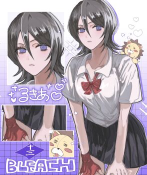 1boy 1girl black_hair bleach blonde_hair blouse blue_eyes breasts collarbone copyright_name fingerless_gloves gloves hands_on_own_knees japanese_text karakura_high_school_uniform kon_(bleach) kuchiki_rukia medium_hair namahamumn ribbon school_uniform shirt skirt small_breasts stuffed_animal stuffed_lion stuffed_toy translation_request