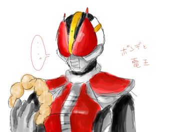 Rule 34 | ..., 1boy, 2018, armor, donut, food, fruit, helmet, holding, holding food, japanese text, kamen rider, kamen rider den-o, kamen rider den-o (series), looking at food, male focus, mask, masked, masked male, momotaros, peach, pon de ring, red armor, sasagi gin26, sketch, speech bubble