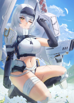1girl absurdres armor armored_boots bandaged_leg bandaged_waist bandages bikini_armor blue_sky boots breasts commentary dog_tags goddess_of_victory:_nikke head-mounted_display highres just_tume kneeling large_breasts long_hair looking_at_viewer midriff navel prosthesis prosthetic_arm scar scar_on_leg scar_on_stomach scar_on_thighs sky snow_white_(heavy_arms)_(nikke) snow_white_(nikke) solo very_long_hair visor_(armor) visor_lift white_hair yellow_eyes