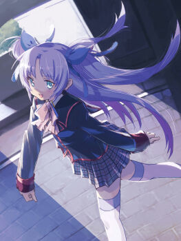 1girl :d akayama_yukihe backlighting black_jacket blue_eyes blue_ribbon blush bow bowtie commentary day dutch_angle feet_out_of_frame floating_hair grey_skirt hair_ribbon highres jacket little_busters! little_busters!_school_uniform long_hair long_sleeves looking_at_viewer miniskirt night open_mouth pink_bow pink_bowtie plaid_clothes plaid_skirt pleated_skirt purple_hair red_bow ribbon sasasegawa_sasami school_uniform skirt smile solo thighhighs two_side_up very_long_hair walking white_thighhighs zettai_ryouiki