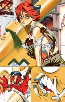 1girl 1other a.b.a bags_under_eyes bandaged_arm bandaged_chest bandaged_leg bandaged_neck bandages blood blood_bag close-up commentary fingerless_gloves from_side gloves green_eyes grey_shorts guilty_gear guilty_gear_xx highres holding holding_key key key_in_head looking_at_viewer multiple_views object_through_head paracelsus_(guilty_gear) raised_inner_eyebrows red_hair short_hair shorts stitched_leg stitched_mouth stitches storyteller777 teeth wanted_poster