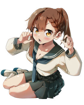 1girl absurdres avarangers black_skirt blue_sailor_collar breasts brown_eyes brown_hair center-flap_bangs cleavage commentary_request full_body highres kotobuki_hisako light_blush long_sleeves looking_at_viewer medium_breasts no_dickey open_mouth pleated_skirt sailor_collar school_uniform seitokai_ni_mo_ana_wa_aru! serafuku shirt shoes simple_background sitting skirt socks solo uwabaki white_background white_shirt white_socks yokozuwari