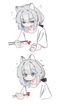 1girl absurdres animal_ears black_ribbon blue_eyes blush chopsticks closed_mouth commentary cropped_torso flying_sweatdrops food food_art grey_hair hair_ribbon half-closed_eyes highres holding holding_chopsticks original ribbon riya_(01214) shirt short_sleeves simple_background smile sweat symbol-only_commentary tako-san_wiener upper_body v-shaped_eyebrows white_background white_shirt wolf_ears