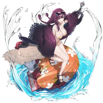 1boy 1girl alpha_transparency android bikini braid breasts cane chernobog_(counter:side) cleavage commentary counter:side english_commentary eyewear_on_head felix_(counter:side) floral_print full_body gold_bikini hat hawaiian_shirt holding holding_cane large_breasts legs long_hair looking_at_viewer looking_up low_twin_braids navel official_alternate_costume official_art on_person orange_shirt purple_eyes purple_hair robe sandals shirt smile splashing straw_hat sunglasses swimsuit teeth transparent_background twin_braids water