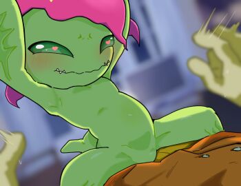 Rule 34 | colored sclera, dan de lion, digimon, digimon (creature), digimon adventure, girl on top, gloves, green sclera, grinding over clothes, heart, highres, izumi koshiro, looking at another, palmon, petals, sharp teeth, smile, tail, teeth