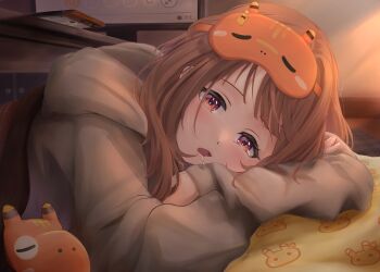 1girl akabeko arms_on_table brown_hair commentary_request drooling gradient_eyes grey_hoodie head_rest highres hood hood_down hoodie kotatsu looking_at_viewer mask mask_on_head miyamori_neko multicolored_eyes nintendo_switch_2 open_mouth orange_eyes purple_eyes saliva sendo_yuuhi sendo_yuuhi_(loungewear) sleep_mask solo table virtual_youtuber vspo!