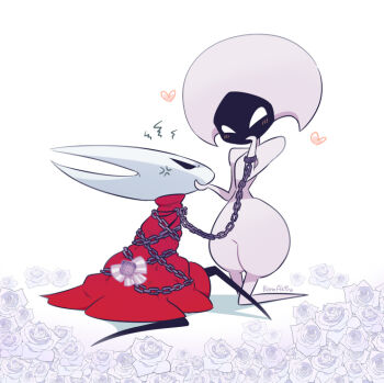 2girls anger_vein bano_akira blush chain chained cloak commentary_request flower hollow_knight hollow_knight:_silksong hornet_(hollow_knight) juliet_sleeves kneeling lace_(hollow_knight) long_sleeves multiple_girls puffy_sleeves red_cloak rose shout_lines simple_background sitting white_background white_flower white_hair white_rose yuri