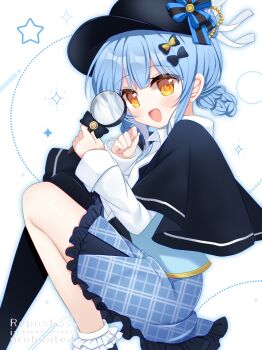 Rule 34 | 1girl, :d, black capelet, black hat, blue hair, blue skirt, braid, braided hair rings, capelet, commentary request, deerstalker, detective, feet out of frame, frilled skirt, frills, hair rings, hat, highres, holding, holding magnifying glass, long sleeves, looking at viewer, lying, magnifying glass, mahou shoujo no majo saiban, miniskirt, on side, open mouth, plaid clothes, plaid skirt, shikito (yawa0w0), short hair, single leg pantyhose, skirt, smile, solo, star (symbol), tachibana sherry, yellow eyes