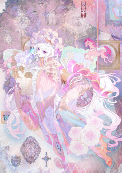 1girl absurdres angel_print antique_phone back_bow bead_belt beads blue_butterfly blue_eyes bow bow_print bracelet brown_corset bug butterfly butterfly_on_hand candelabra candlestand carousel chin_strap colored_eyelashes corset cross curtains fanged_bangs floral_print flower flower_trim footwear_bow framed_insect frilled_gloves frilled_kimono frilled_pillow frilled_sleeves frills full_body gem gloves green_gemstone hair_beads hair_bow hair_ornament hairband hand_up heart high_heels highres hugging_object insect japanese_clothes jewelry kimono lamp lolita_fashion lolita_hairband long_hair lying mobile nanase_miri official_art on_side orange_bow orange_shoes original pantyhose parted_lips pastel_colors pearl_bracelet picture_frame pillow pillow_hug pink_bow pink_butterfly pink_flower pink_kimono pink_pantyhose pink_rose print_kimono pumps reclining red_pupils rose rose_print shoes sidelocks sideways_glance sleeve_bow striped_clothes striped_kimono symbol-shaped_pupils vertical-striped_clothes vertical-striped_kimono very_long_hair virgin_mary wa_lolita wavy_hair white_bow white_gloves white_hair wide_sleeves