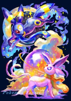 cloud commentary_request crescent crescent_moon espeon gen_2_pokemon looking_down looking_up moon nanami_lusia nintendo no_humans planet pokemon pokemon_(creature) purple_eyes red_eyes saturn_(planet) scarf sparkle umbreon