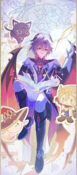 absurdres albedo_(genshin_impact) alice_(genshin_impact) book boots commentary_request dragon dragon_boy dragon_horns dragon_wings genshin_impact highres horns looking_to_the_side mini_durin_(genshin_impact) mini_durin_(human)_(genshin_impact) muimi575 pants scaramouche_(genshin_impact) sparkle teeth turning_page white_pants wings