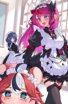 Rule 34 | 3girls, absurdres, ahoge, animal ears, apron, black dress, black hair, black horns, black thighhighs, blue eyes, blue hair, blush, commentary, cowboy shot, dress, english commentary, group picture, hakos baelz, heterochromia, highres, hololive, hololive english, holopromise, horns, indoors, irys (hololive), long hair, magui3, maid, maid headdress, mouse ears, mouse girl, multicolored hair, multiple girls, open mouth, ouro kronii, pointy ears, purple eyes, red hair, streaked hair, thighhighs, two-tone hair, virtual youtuber, white apron, white hair