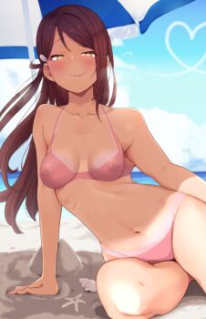 1girl artist_request bare_shoulders bikini blue_sky blush bodypaint breasts closed_mouth collarbone false_clothes female_focus highres legs long_hair looking_at_viewer love_live! love_live!_sunshine!! medium_breasts naked_paint navel nipples nude outdoors paint_on_body painted_clothes pink_bikini purple_hair sakurauchi_riko sand sky smile solo sweat swimsuit tagme yellow_eyes