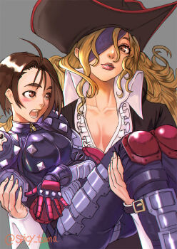 Rule 34 | 2girls, armor, blonde hair, brown hair, commission, crossover, eyepatch, frilled shirt collar, frills, gloves, grey background, hat, justice gakuen, kazama akira, knee pads, long hair, marvel vs. capcom, marvel vs. capcom 2, multiple girls, one eye covered, open mouth, pauldrons, pirate, pirate hat, red gloves, red lips, ruby heart, shoulder armor, simple background, skeb commission, spikes, tsuna (akmu8832), twitter username, yellow eyes
