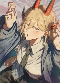 1girl absurdres black_necktie blue_jacket chainsaw_man collared_shirt demon_girl demon_horns grey_shirt hair_between_eyes highres horns jacket kouchanthree long_hair multiple_horns necktie open_mouth power_(chainsaw_man) red_horns shirt shirt_partially_tucked_in solo yellow_eyes