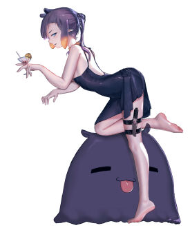 1girl absurdres advarcher alternate_costume alternate_hairstyle arched_back barefoot black_dress blue_eyes breasts commentary cup dress from_side full_body gradient_hair highres holding holding_cup hololive hololive_english holster knife_sheath looking_at_viewer medium_hair multicolored_hair ninomae_ina'nis orange_hair pointy_ears ponytail purple_hair sheath sideboob sidelocks simple_background sleeveless sleeveless_dress small_breasts solo takodachi_(ninomae_ina'nis) tentacle_hair thigh_holster thigh_strap virtual_youtuber white_background