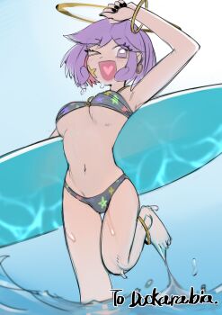 1girl 2n5 absurdres bikini breasts commentary commission eyelashes foot_out_of_frame halo heart heart_in_mouth highres medium_breasts navel one_eye_closed original purple_eyes purple_hair short_hair smile solo star_(symbol) star_print star_sticker sticker sticker_on_face surfboard swimsuit