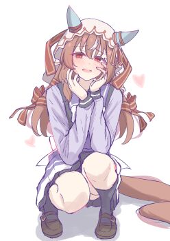 1girl animal_ears black_socks blush bow bowtie breasts brown_hair ear_covers ear_ribbon hair_between_eyes hair_ornament heart highres horse_ears horse_girl horse_tail kneehighs long_hair long_sleeves looking_at_viewer multicolored_hair open_mouth purple_sailor_collar purple_serafuku purple_shirt purple_skirt red_eyes sailor_collar sailor_shirt school_uniform serafuku shirt shoes simple_background skirt small_breasts smile socks solo still_in_love_(umamusume) streaked_hair tail tofu_thunder tracen_school_uniform umamusume veil white_background white_bow white_bowtie white_hair white_veil