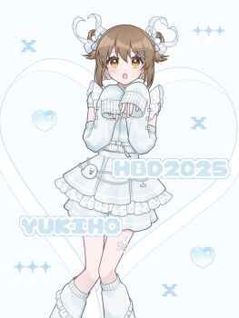 1girl 2025 :o blue_bow blue_shirt blue_skirt blue_sleeves bow brown_eyes brown_hair character_name commentary_request detached_sleeves dot_nose frilled_skirt frills hagiwara_yukiho hair_between_eyes hair_bow hair_ribbon hair_rings hands_up happy_birthday heart idolmaster idolmaster_(classic) knees_together_feet_apart ktmtry leg_warmers medium_hair midriff_peek ribbon see-through_ribbon shirt short_sleeves skirt sleeves_past_wrists solo standing sticker sticker_on_face straight-on straight_hair