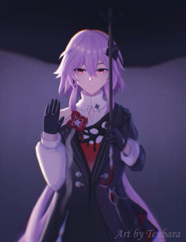 1girl absurdres black_dress black_flower black_gloves breasts dress earrings evernight_(honkai:_star_rail) flower gloves hair_between_eyes hair_flower hair_ornament hairclip highres honkai:_star_rail honkai_(series) jewelry long_hair long_sleeves looking_at_viewer march_7th_(honkai:_star_rail) pink_hair red_eyes shirt smile solo user_zncv2285