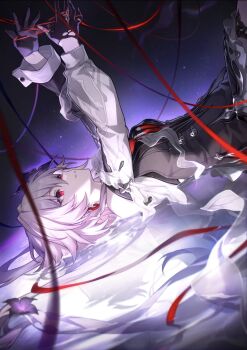 1girl arms_up black_dress black_flower black_gloves dress dutch_angle earrings evernight_(honkai:_star_rail) flower gloves hair_flower hair_ornament hands_up highres honkai:_star_rail honkai_(series) jewelry layered_dress long_hair long_sleeves looking_at_viewer lying march_7th_(honkai:_star_rail) multiple_rings official_art on_back parted_lips partially_submerged pink_hair purple_flower red_eyes ring single_bare_shoulder solo string string_of_fate white_dress