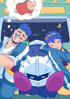 3boys absurdres alternate_costume blue_hair boned_meat closed_eyes commentary contemporary crossover dreaming drooling fire_emblem fire_emblem:_mystery_of_the_emblem fire_emblem:_radiant_dawn food green_headband headband highres ike_(fire_emblem) kirby_(series) male_focus marth_(fire_emblem) meat meta_knight moon multiple_boys night nintendo nose_bubble powerandy short_hair sitting sky sleeping star_(sky) subway super_smash_bros. tiara tongue tongue_out