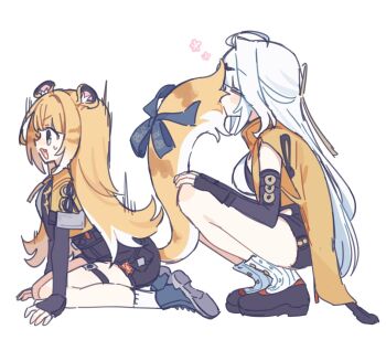 2girls animal_ears ayase_(user_ytjw3843) hair_ornament hairpin ju_fufu multiple_girls on_ground smelling sweatdrop tail thigh_strap tiger tiger_ears tiger_tail white_background white_hair yixuan_(zenless_zone_zero) zenless_zone_zero