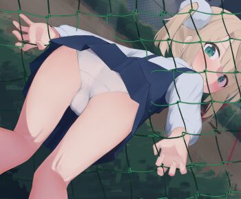 1girl aqua_eyes ass blue_dress blush chain-link_fence commentary_request commission dress female_focus fence from_behind hair_ornament half-closed_eyes indie_virtual_youtuber light_brown_hair loli long_sleeves looking_at_viewer looking_back open_mouth outdoors paid_reward_available panties pinafore_dress pixiv_commission pom_pom_(clothes) pom_pom_hair_ornament recklessdraw shigure_ui_(vtuber) shigure_ui_(young)_(vtuber) shirt short_hair sleeveless sleeveless_dress solo stuck through_wall twintails underwear variant_set virtual_youtuber white_panties white_shirt