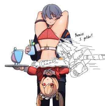 1girl 2girls :| blonde_hair blush burnice_white burnice_white_(operation_yum_2025) caesar_king_(zenless_zone_zero) censored closed_mouth clothes_lift cup dorahdew drink drinking_glass drinking_straw english_text hair_between_eyes head_between_thighs highres holding holding_cup jacket long_sleeves multiple_girls navel nervous_sweating no_bra outstretched_arms panties pants parted_lips polka_dot polka_dot_panties red_eyes red_panties simple_background spread_arms standing sweat thigh_strap tray twintails underwear upside-down waitress wise_(zenless_zone_zero) zenless_zone_zero